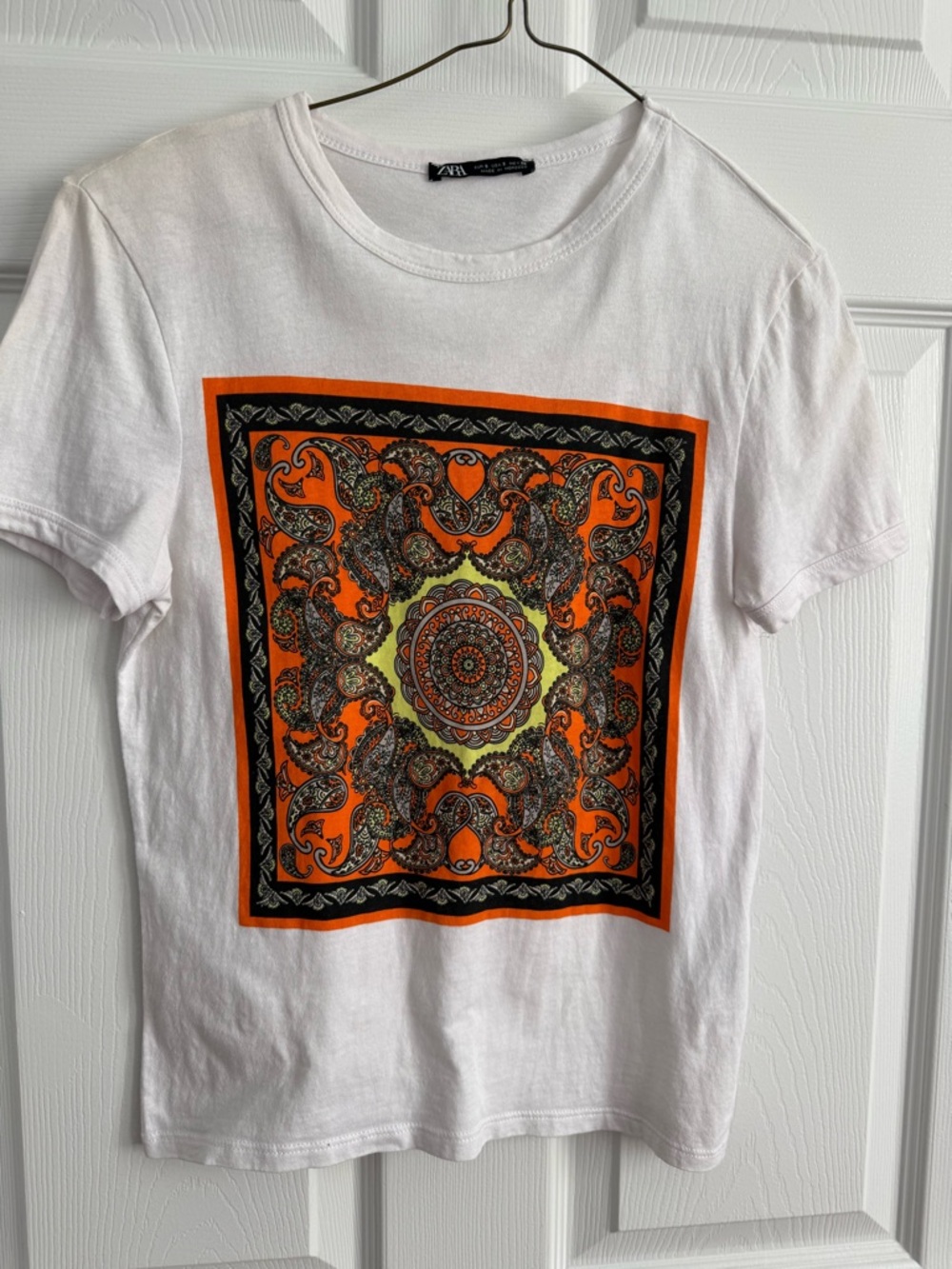 Zara White Tee with Orange Paisley Mandela Print